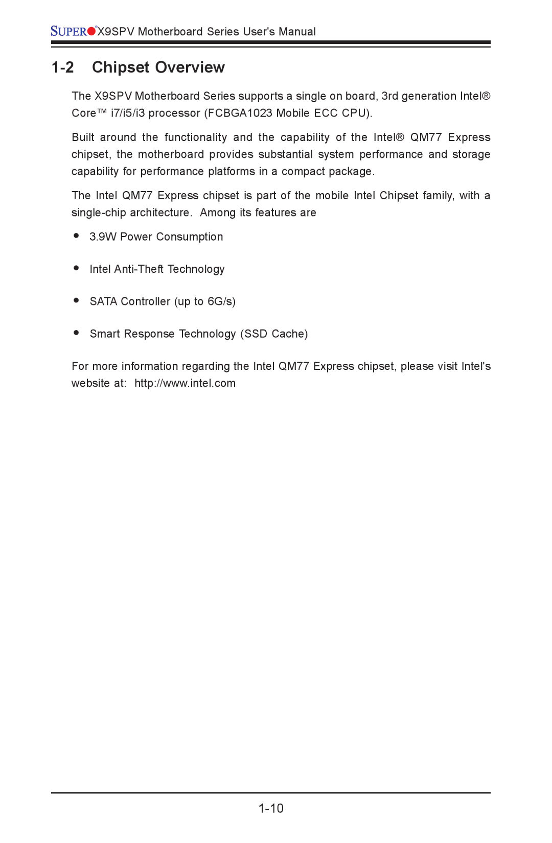 SUPER MICRO Computer X9SPV-F, X9SPV-LN4F user manual Chipset Overview 