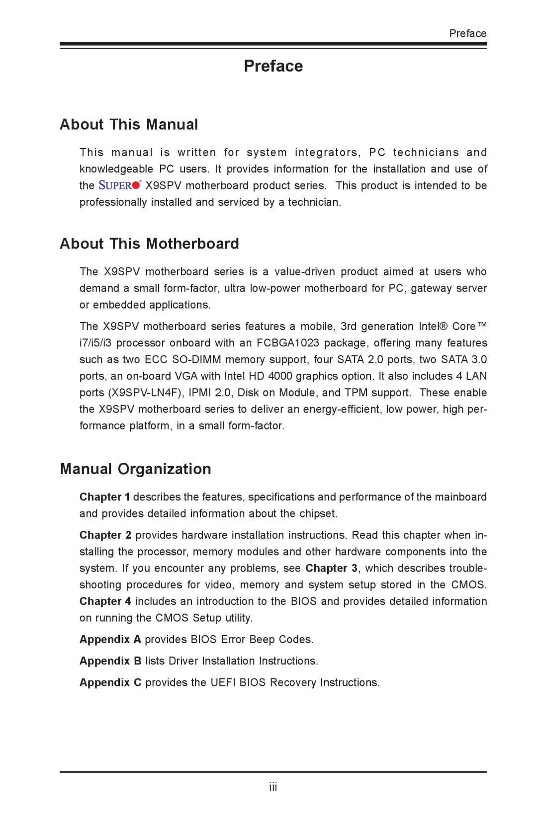 SUPER MICRO Computer X9SPV-LN4F, X9SPV-F user manual About This Manual, About This Motherboard, Manual Organization 