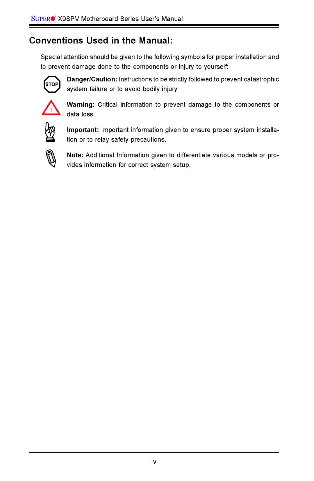 SUPER MICRO Computer X9SPV-F, X9SPV-LN4F user manual Conventions Used in the Manual 