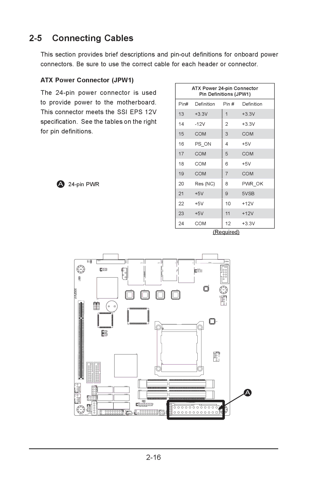 SUPER MICRO Computer X9SPV-F, X9SPV-LN4F user manual Connecting Cables, ATX Power Connector JPW1, Pin PWR, Required 