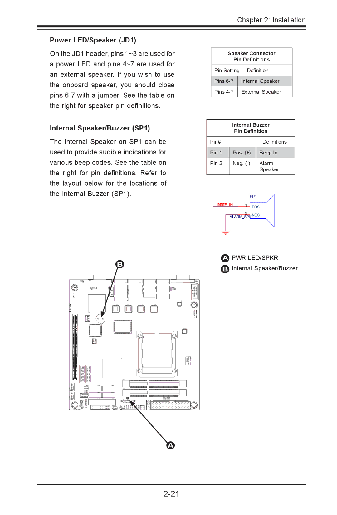 SUPER MICRO Computer X9SPV-LN4F, X9SPV-F user manual Power LED/Speaker JD1, Internal Speaker/Buzzer SP1 