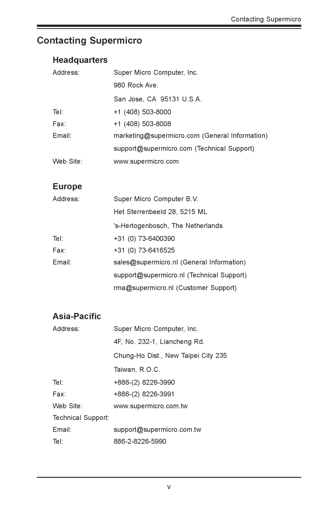 SUPER MICRO Computer X9SPV-LN4F, X9SPV-F user manual Contacting Supermicro, Headquarters, Europe, Asia-Pacific 