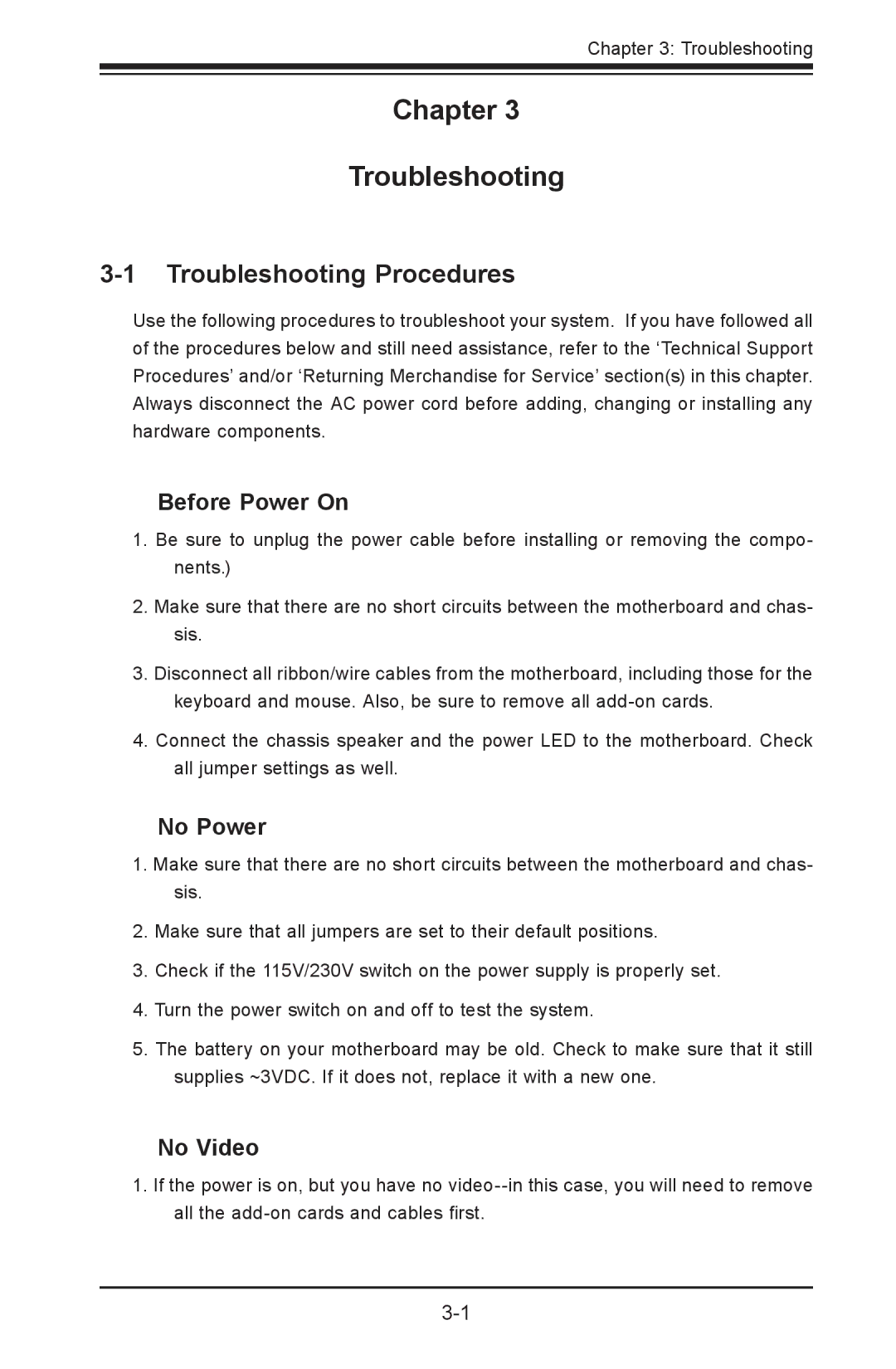 SUPER MICRO Computer X9SPV-LN4F, X9SPV-F user manual Troubleshooting Procedures, Before Power On, No Power, No Video 