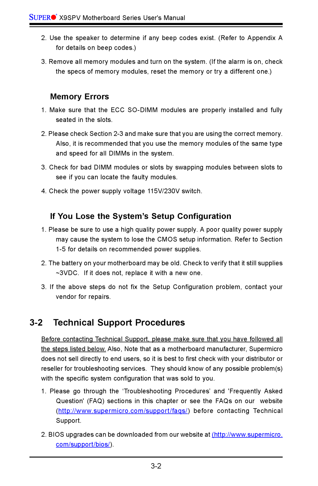 SUPER MICRO Computer X9SPV-F Technical Support Procedures, Memory Errors, If You Lose the System’s Setup Configuration 