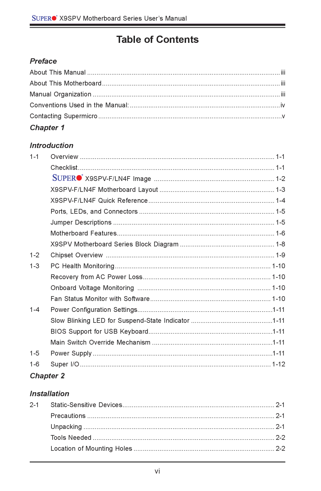 SUPER MICRO Computer X9SPV-F, X9SPV-LN4F user manual Table of Contents 