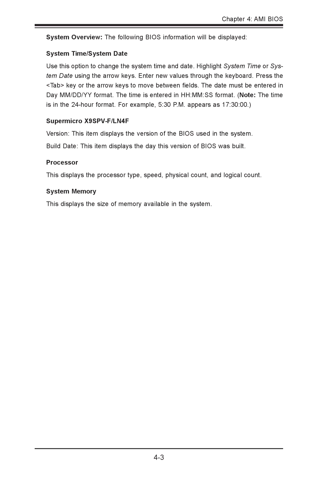 SUPER MICRO Computer X9SPV-LN4F user manual System Time/System Date, Supermicro X9SPV-F/LN4F, Processor, System Memory 