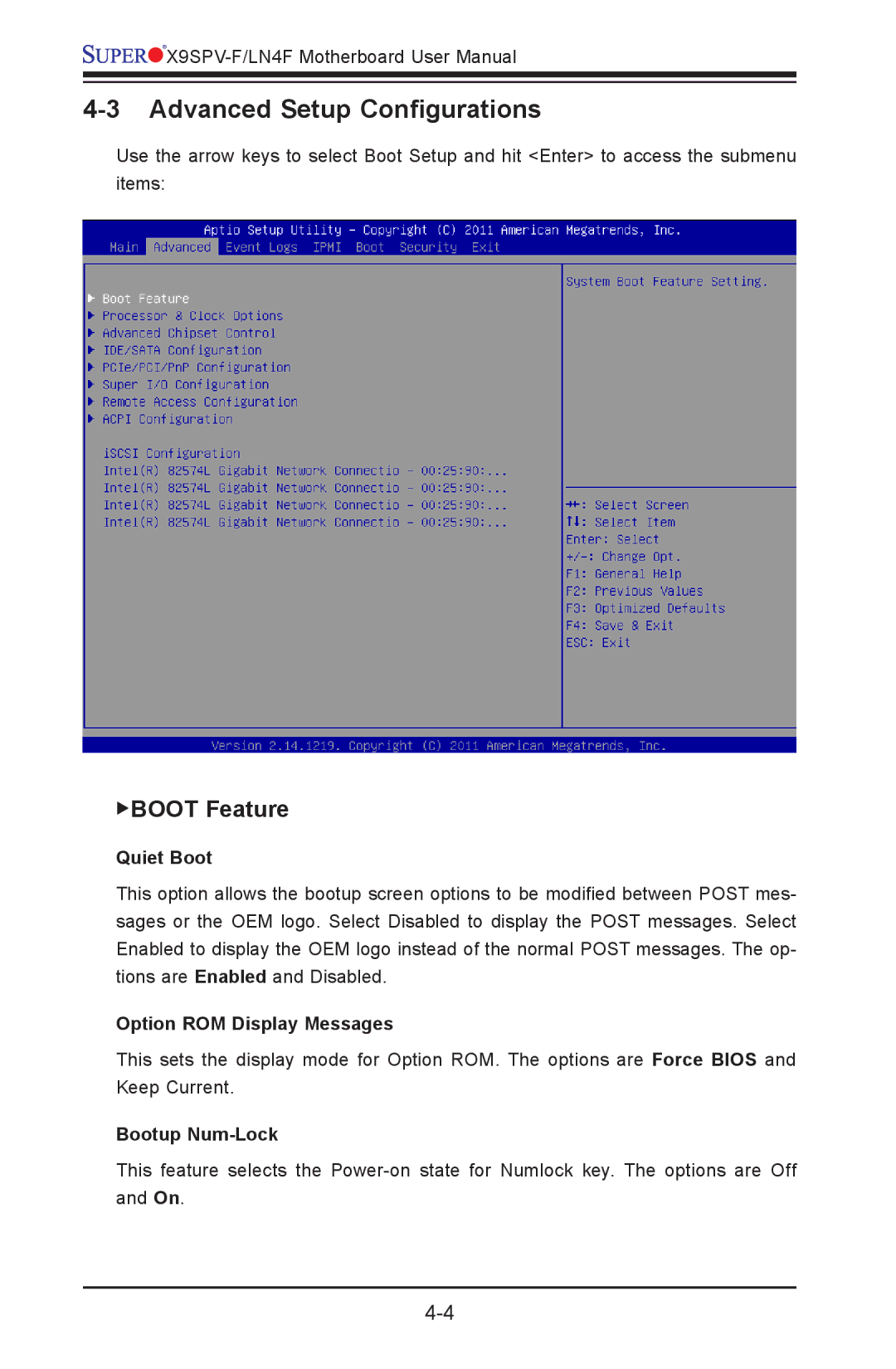 SUPER MICRO Computer X9SPV-F Advanced Setup Configurations, BOOT Feature, Quiet Boot, Option ROM Display Messages 