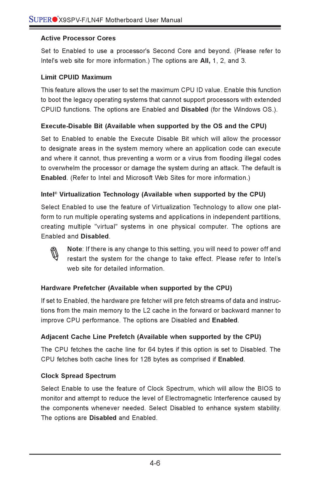 SUPER MICRO Computer X9SPV-F, X9SPV-LN4F user manual Active Processor Cores, Limit Cpuid Maximum, Clock Spread Spectrum 