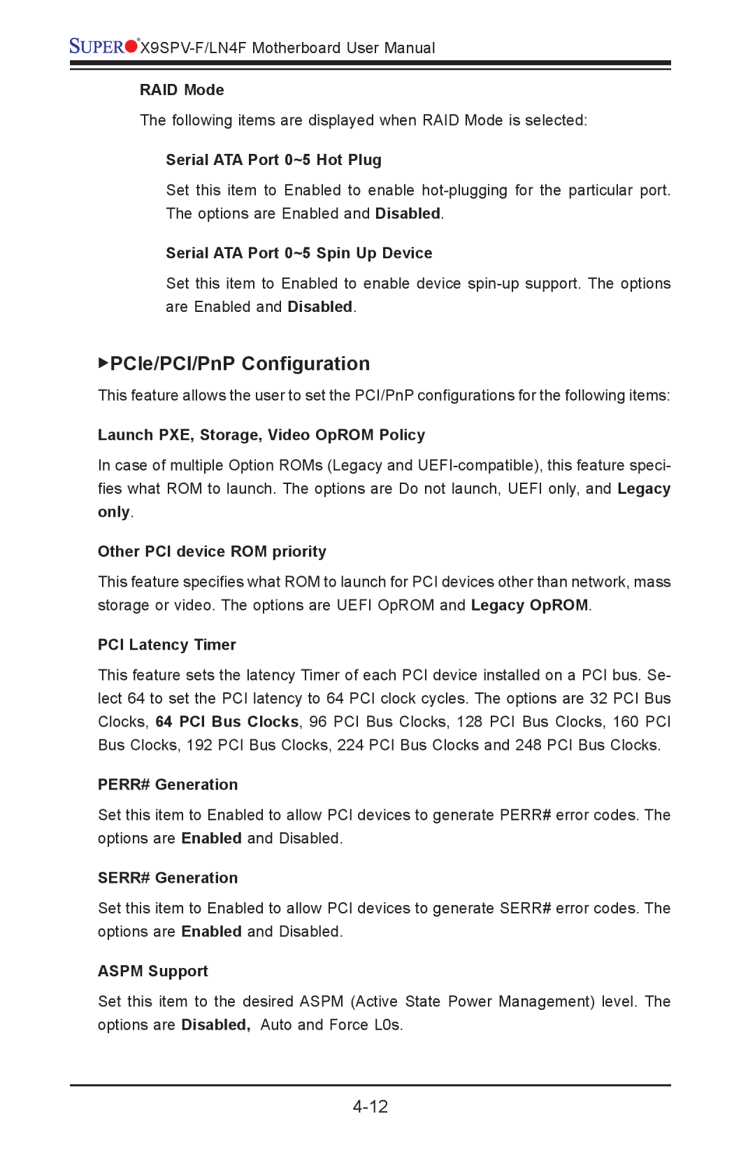 SUPER MICRO Computer X9SPV-F, X9SPV-LN4F user manual PCIe/PCI/PnP Configuration 