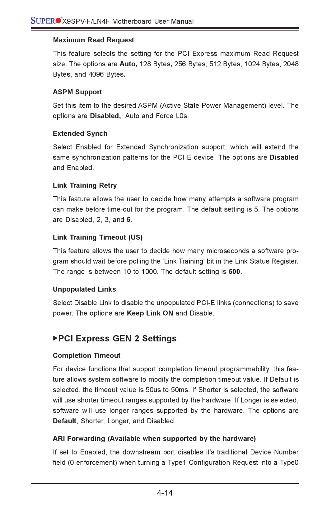 SUPER MICRO Computer X9SPV-F, X9SPV-LN4F user manual PCI Express GEN 2 Settings 