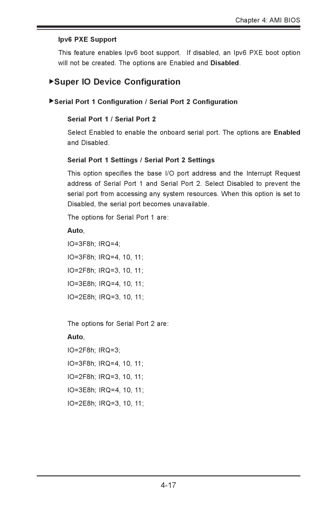 SUPER MICRO Computer X9SPV-LN4F, X9SPV-F user manual Super IO Device Configuration, Ipv6 PXE Support, Auto 