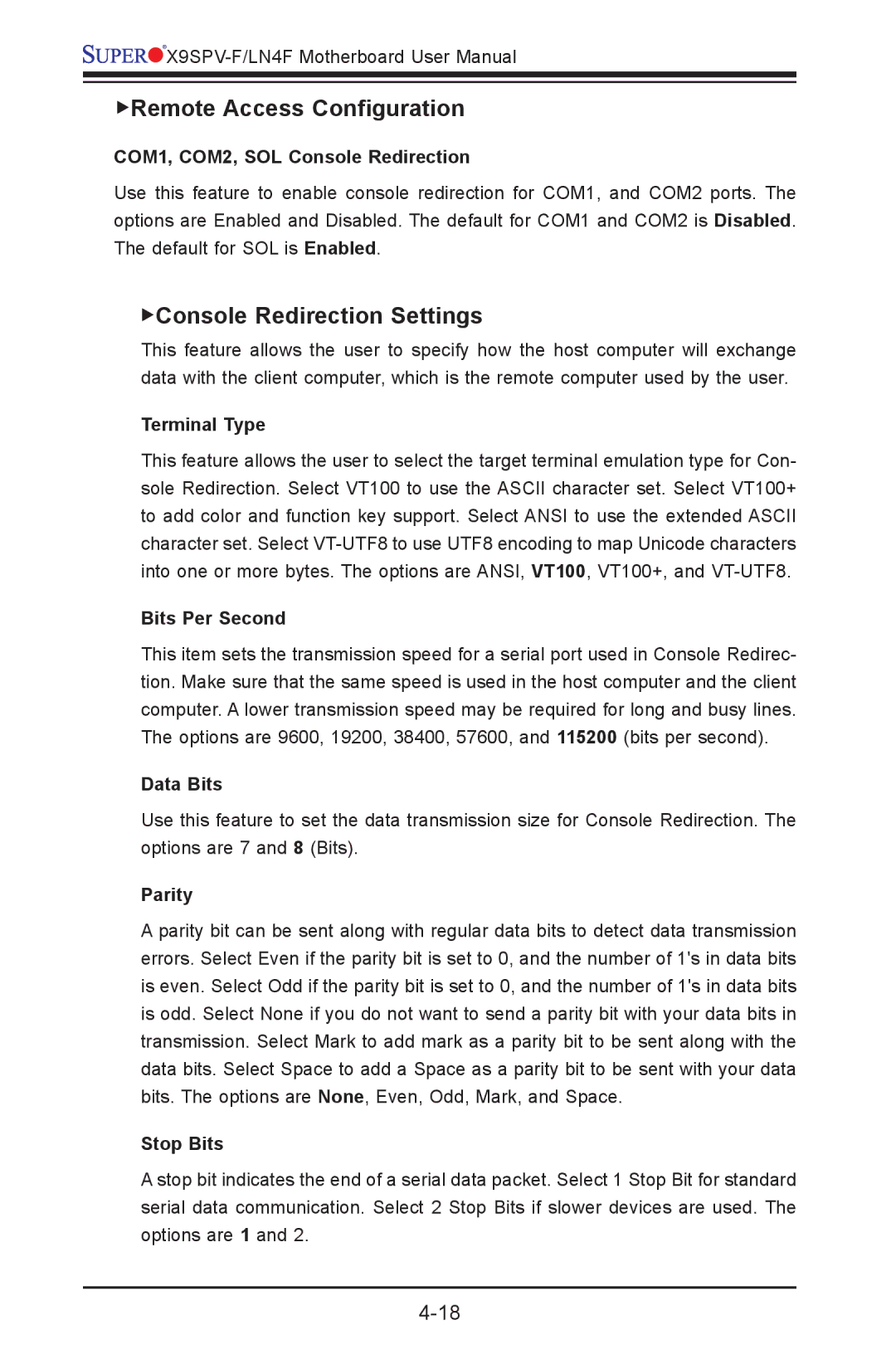 SUPER MICRO Computer X9SPV-F, X9SPV-LN4F user manual Remote Access Configuration, Console Redirection Settings 