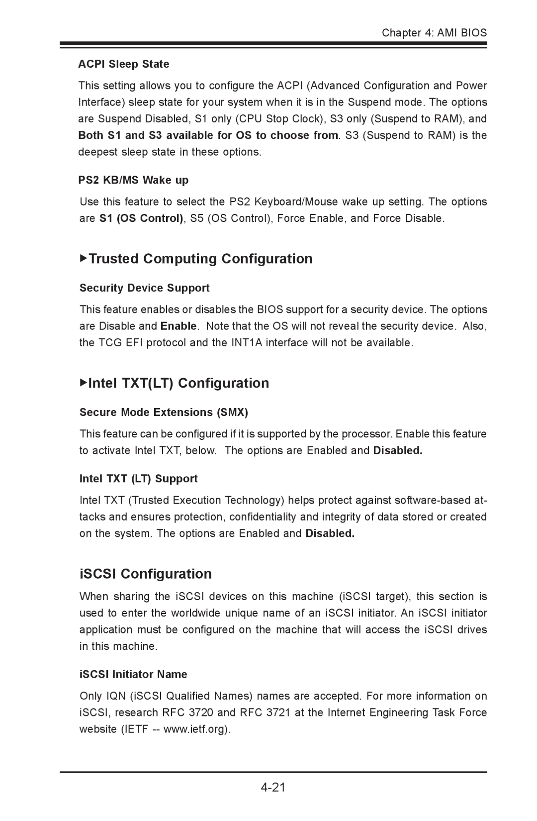 SUPER MICRO Computer X9SPV-LN4F, X9SPV-F Trusted Computing Configuration, Intel Txtlt Configuration, ISCSI Configuration 