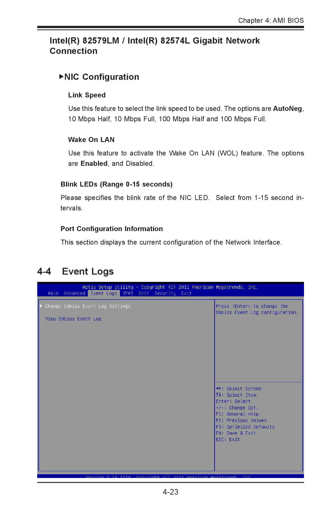 SUPER MICRO Computer X9SPV-LN4F, X9SPV-F user manual Event Logs, Link Speed, Wake On LAN, Blink LEDs Range 0-15 seconds 