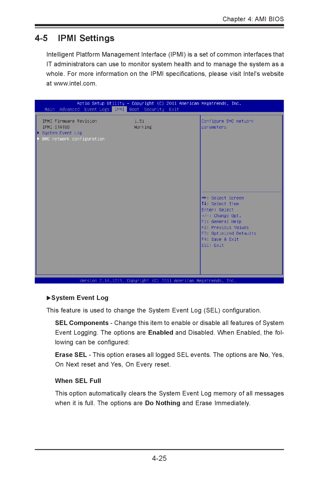 SUPER MICRO Computer X9SPV-LN4F, X9SPV-F user manual Ipmi Settings, System Event Log, When SEL Full 