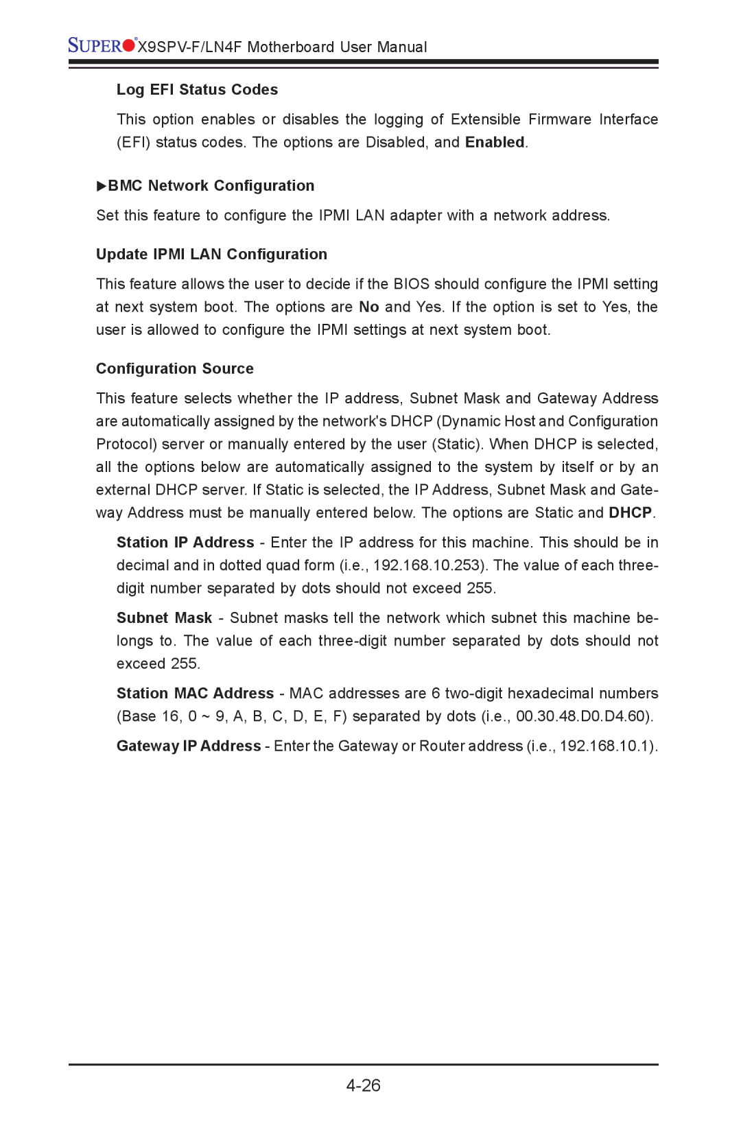 SUPER MICRO Computer X9SPV-F, X9SPV-LN4F Log EFI Status Codes, BMC Network Configuration, Update Ipmi LAN Configuration 