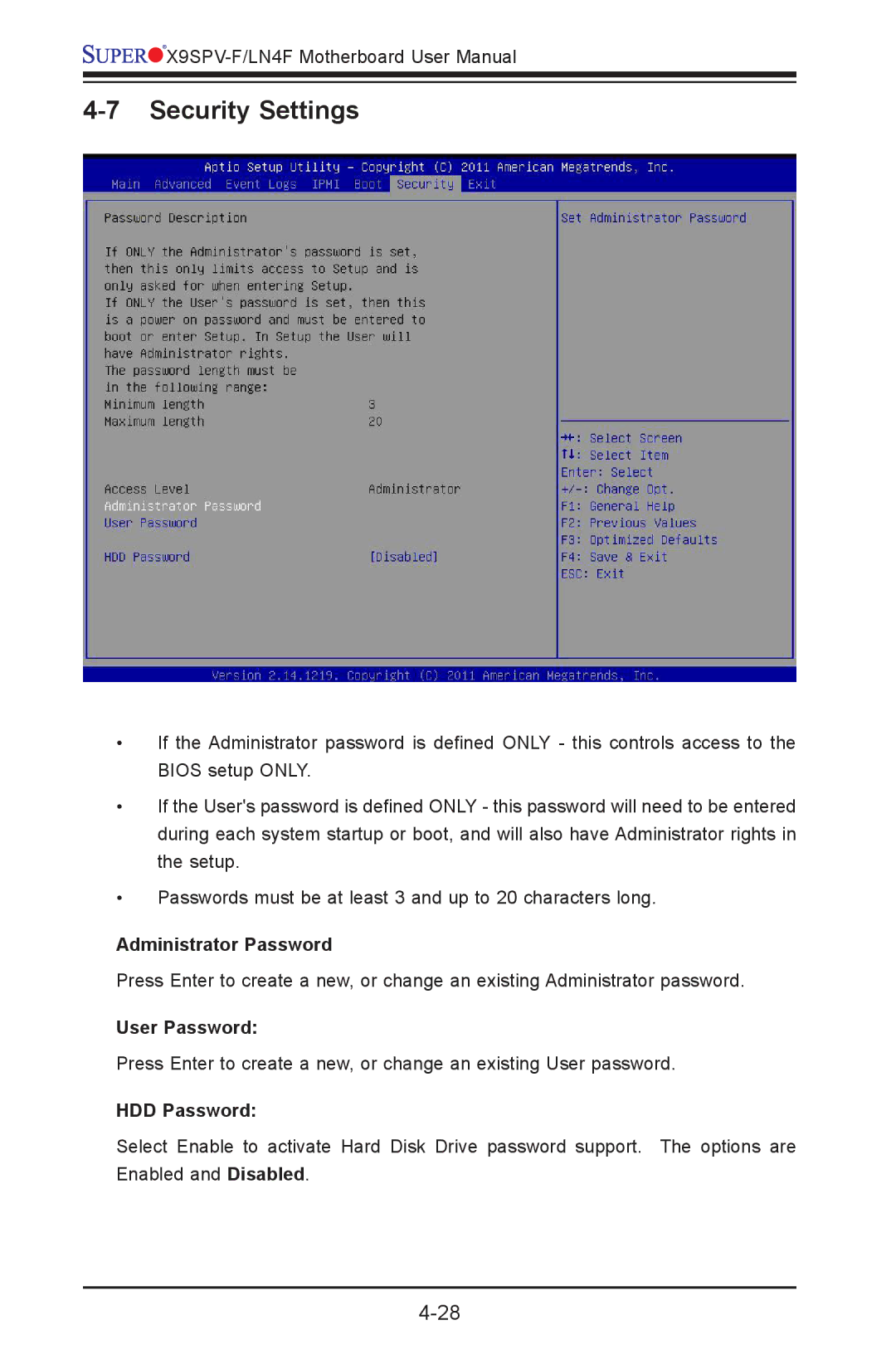 SUPER MICRO Computer X9SPV-F, X9SPV-LN4F user manual Security Settings, Administrator Password, User Password, HDD Password 