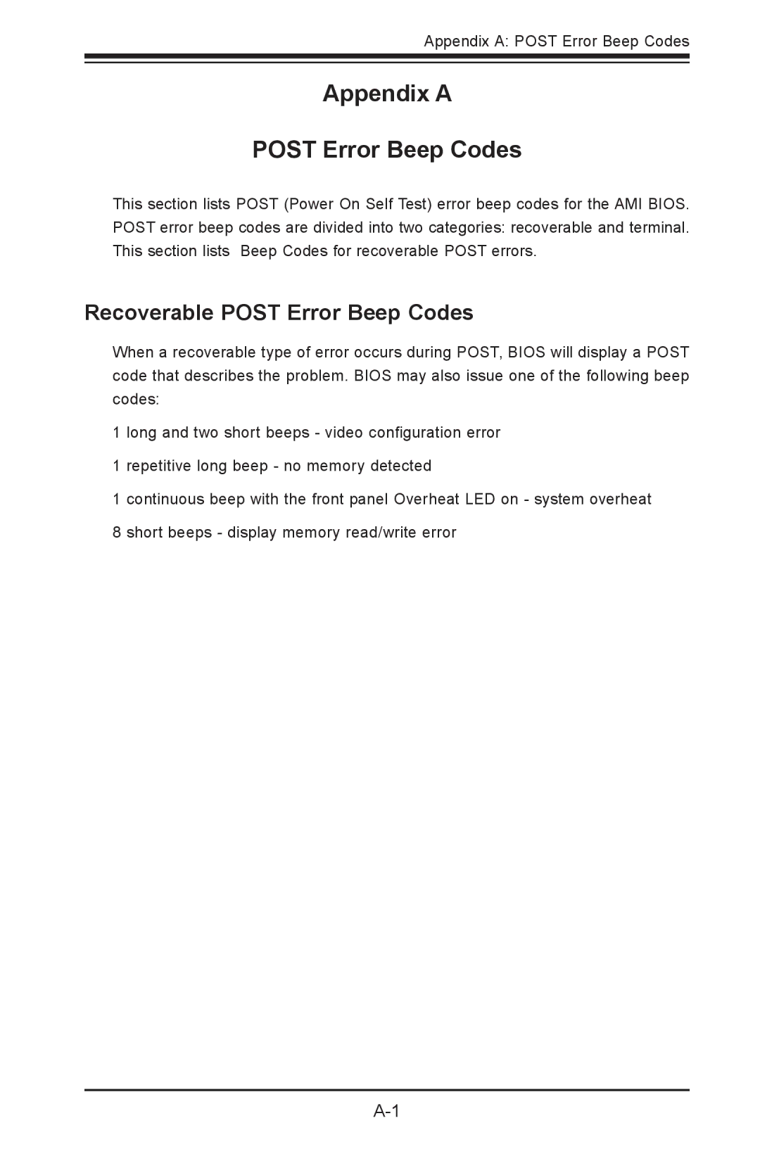 SUPER MICRO Computer X9SPV-LN4F, X9SPV-F user manual Appendix a Post Error Beep Codes, Recoverable Post Error Beep Codes 