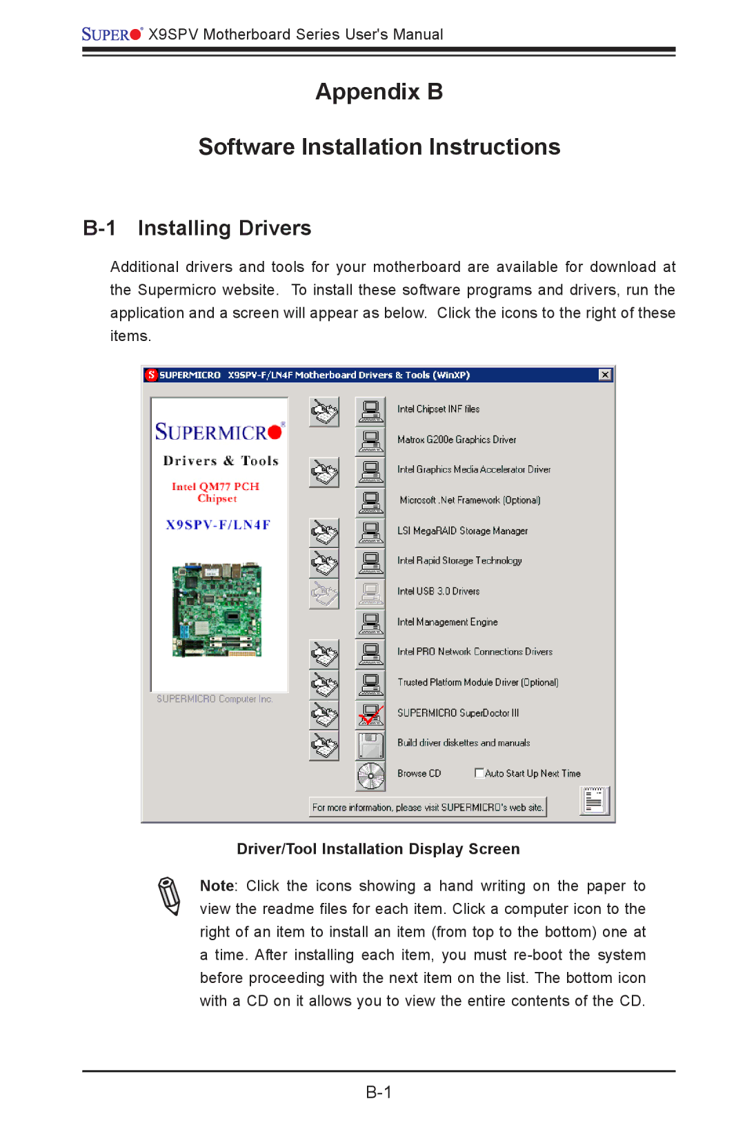 SUPER MICRO Computer X9SPV-LN4F, X9SPV-F user manual Installing Drivers, Driver/Tool Installation Display Screen 