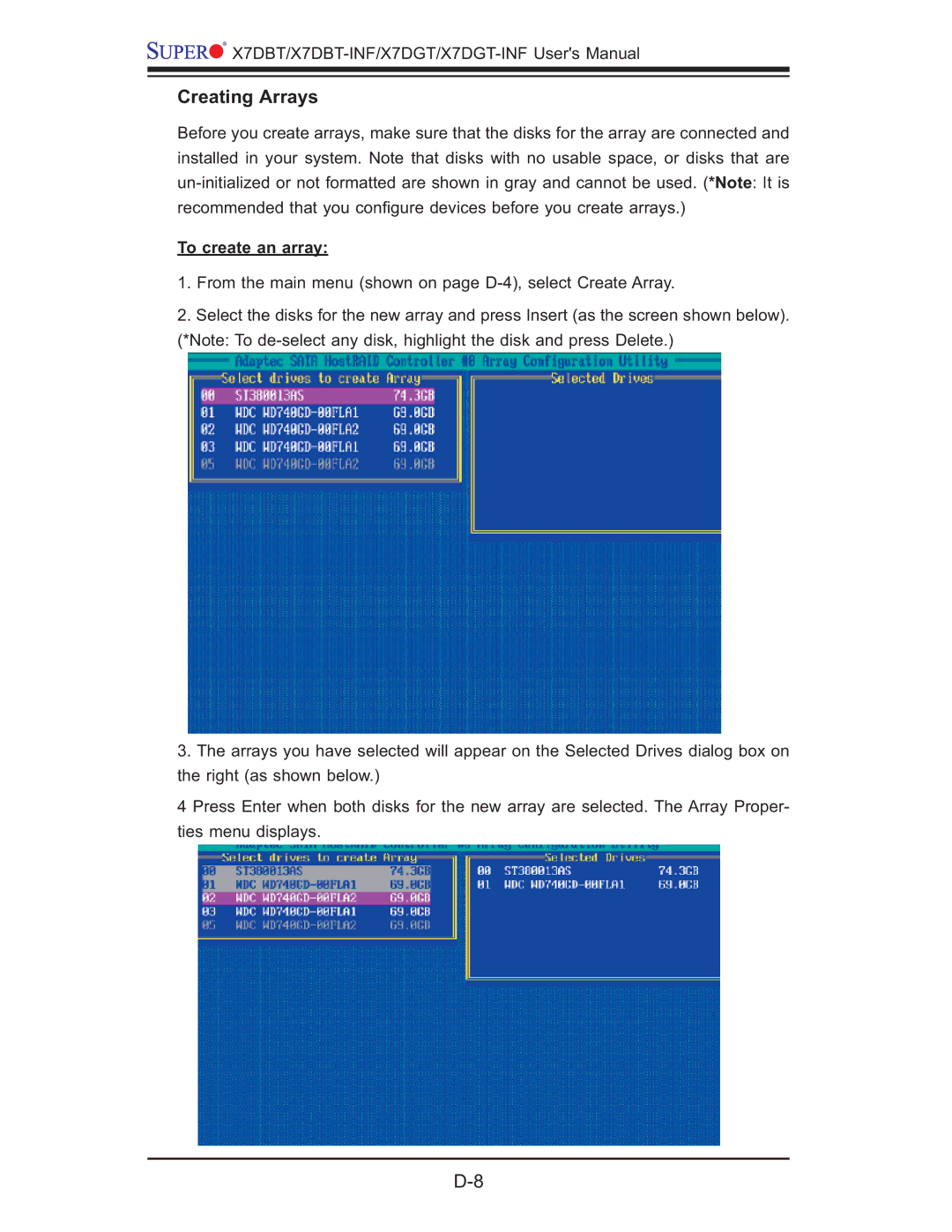 SUPER MICRO Computer X7DGT-INF, XDGT, X7DBT-INF user manual Creating Arrays, To create an array 