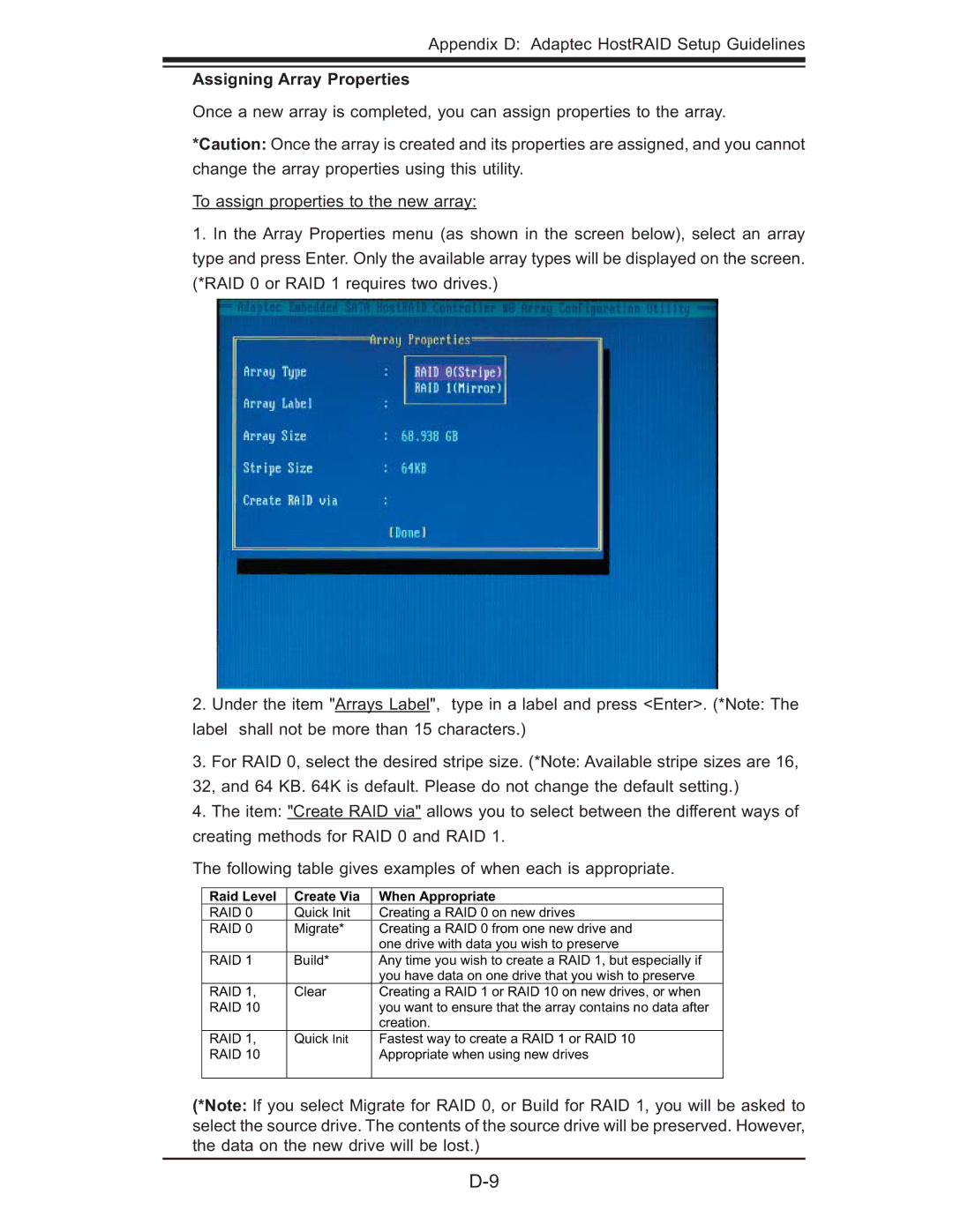 SUPER MICRO Computer X7DBT-INF, XDGT, X7DGT-INF Assigning Array Properties, Raid Level Create Via When Appropriate 