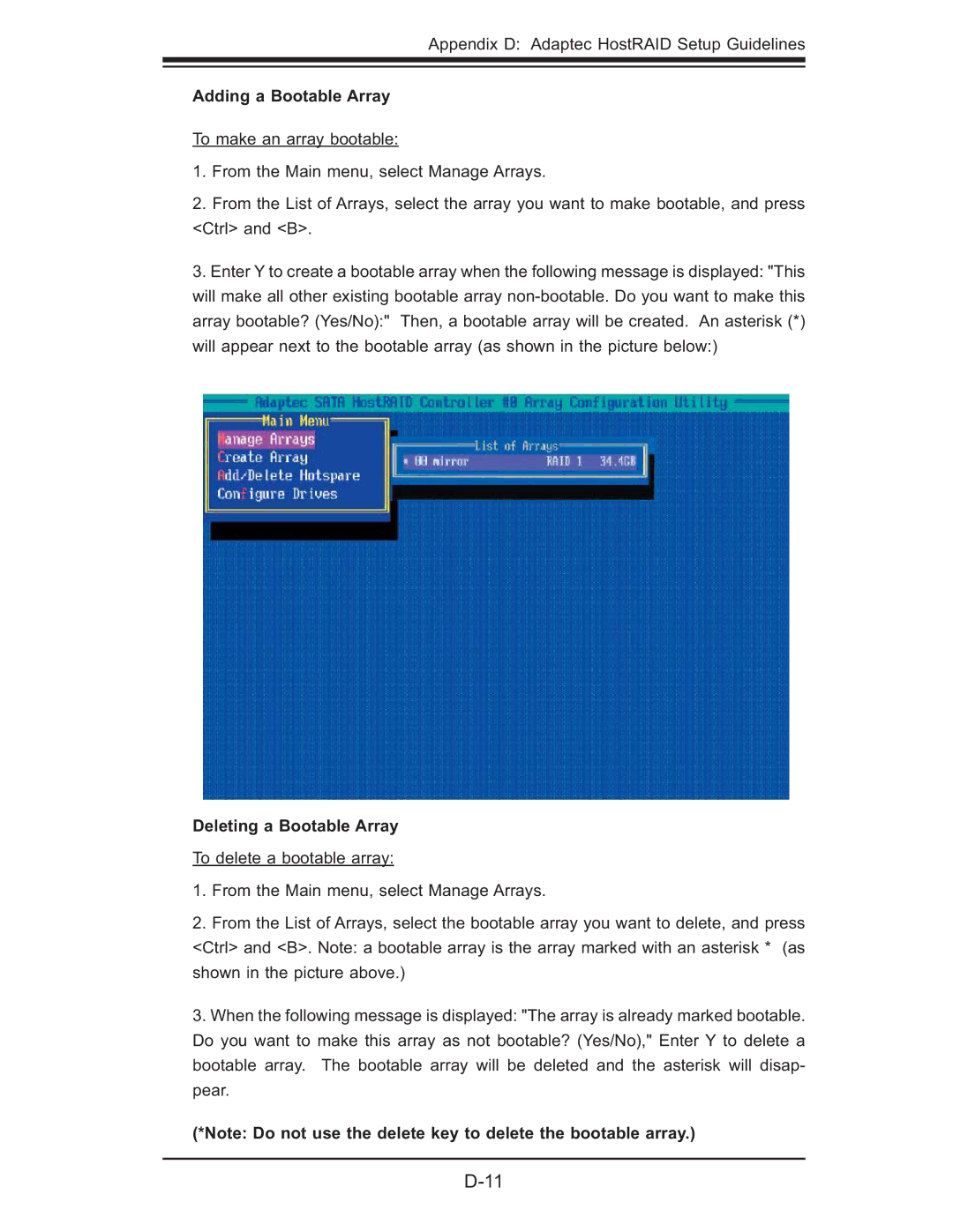 SUPER MICRO Computer XDGT, X7DGT-INF, X7DBT-INF user manual Adding a Bootable Array, Deleting a Bootable Array 