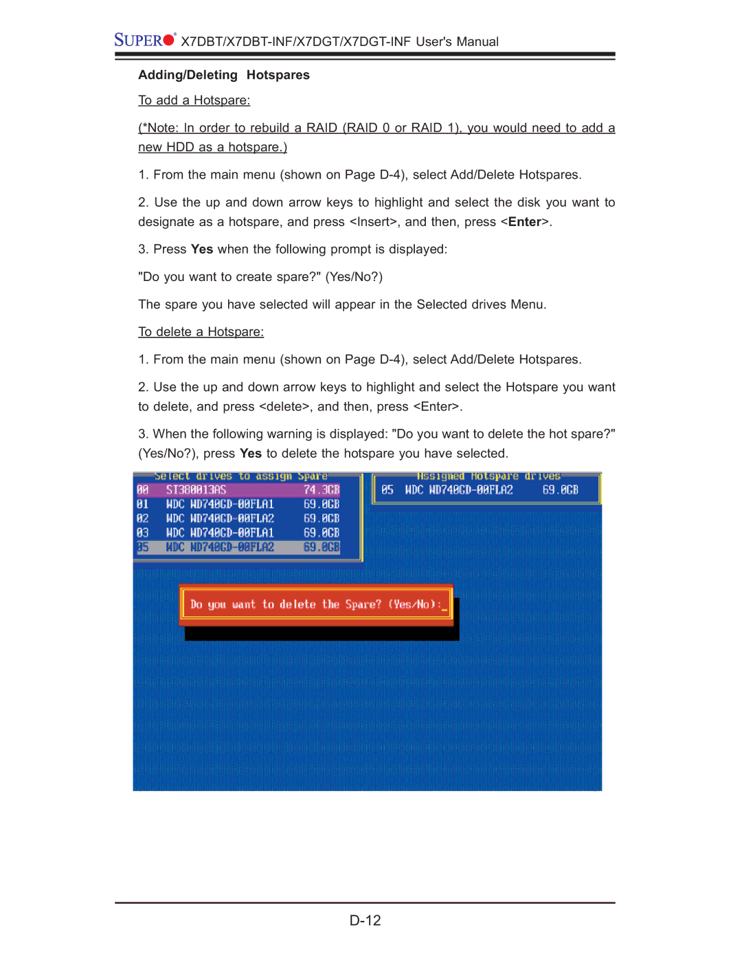 SUPER MICRO Computer X7DGT-INF, XDGT, X7DBT-INF user manual Adding/Deleting Hotspares 