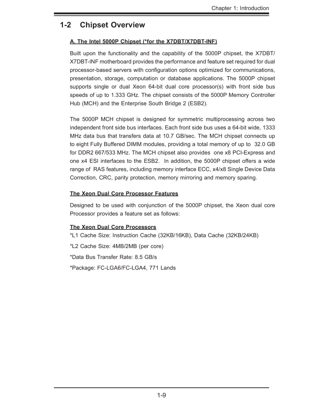 SUPER MICRO Computer Chipset Overview, Intel 5000P Chipset *for the X7DBT/X7DBT-INF, Xeon Dual Core Processor Features 