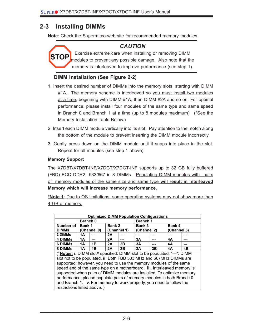 SUPER MICRO Computer X7DGT-INF, XDGT, X7DBT-INF user manual Installing DIMMs, Dimm Installation See Figure, Memory Support 