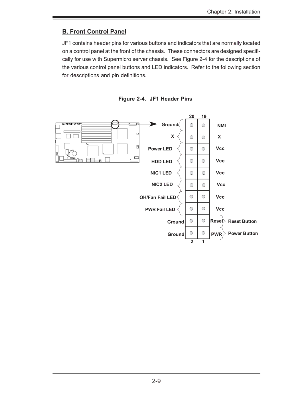 SUPER MICRO Computer XDGT, X7DGT-INF, X7DBT-INF user manual Front Control Panel, JF1 Header Pins 