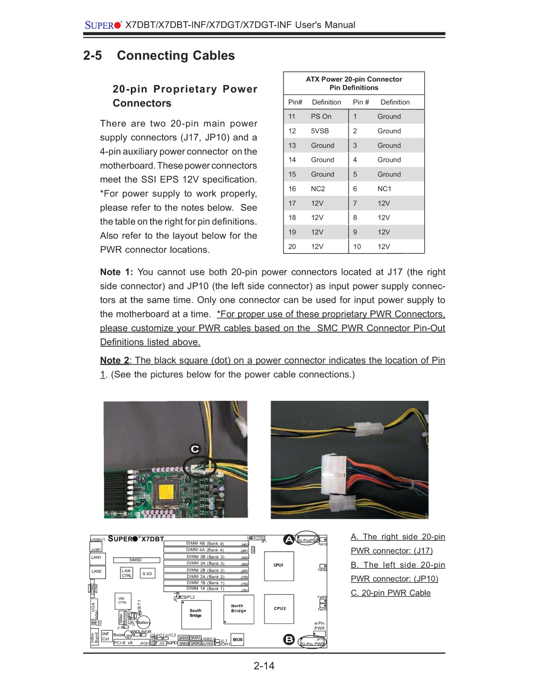 SUPER MICRO Computer X7DGT-INF, XDGT, X7DBT-INF user manual Connecting Cables, Pin Proprietary Power Connectors 