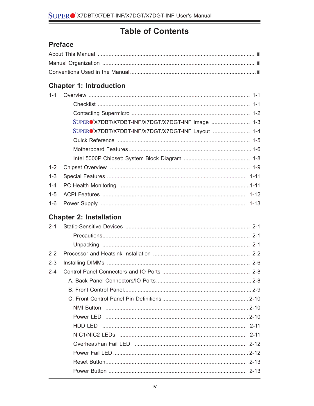 SUPER MICRO Computer XDGT, X7DGT-INF, X7DBT-INF user manual Table of Contents 