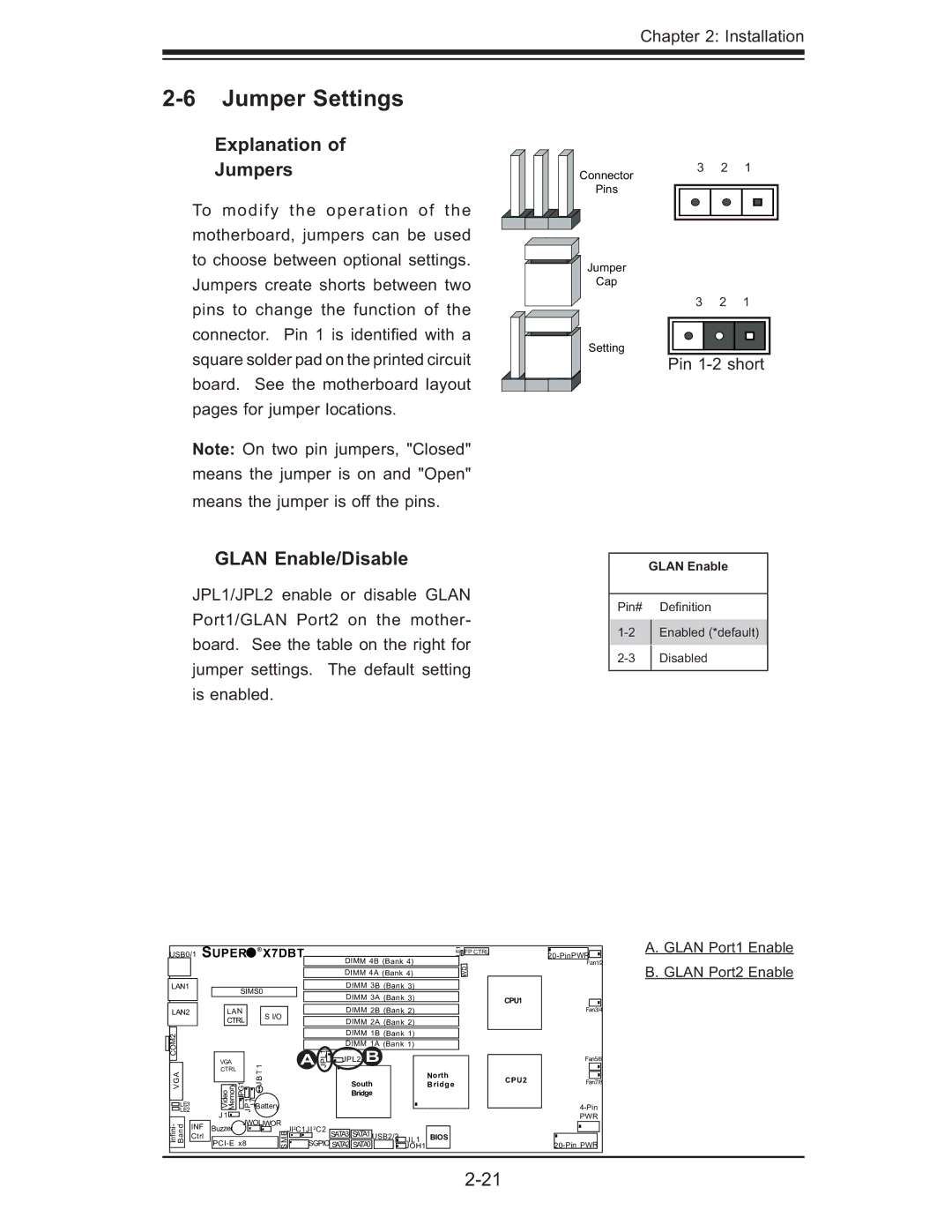 SUPER MICRO Computer XDGT, X7DGT-INF, X7DBT-INF user manual Jumper Settings, Explanation Jumpers, Glan Enable/Disable 