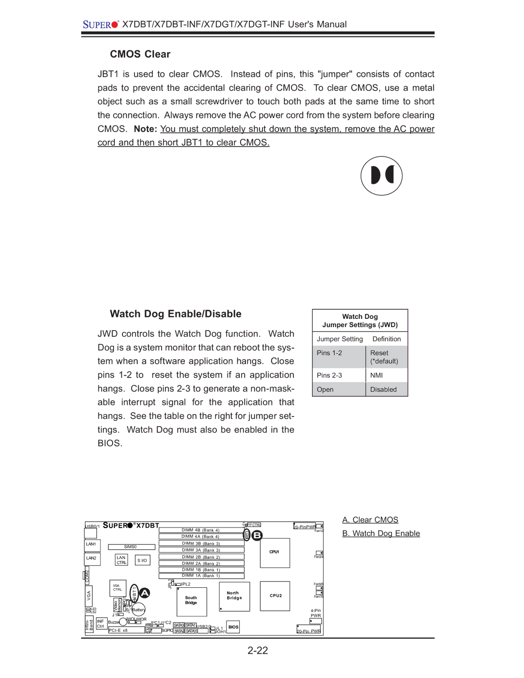 SUPER MICRO Computer X7DGT-INF, XDGT, X7DBT-INF user manual Cmos Clear, Watch Dog Enable/Disable 