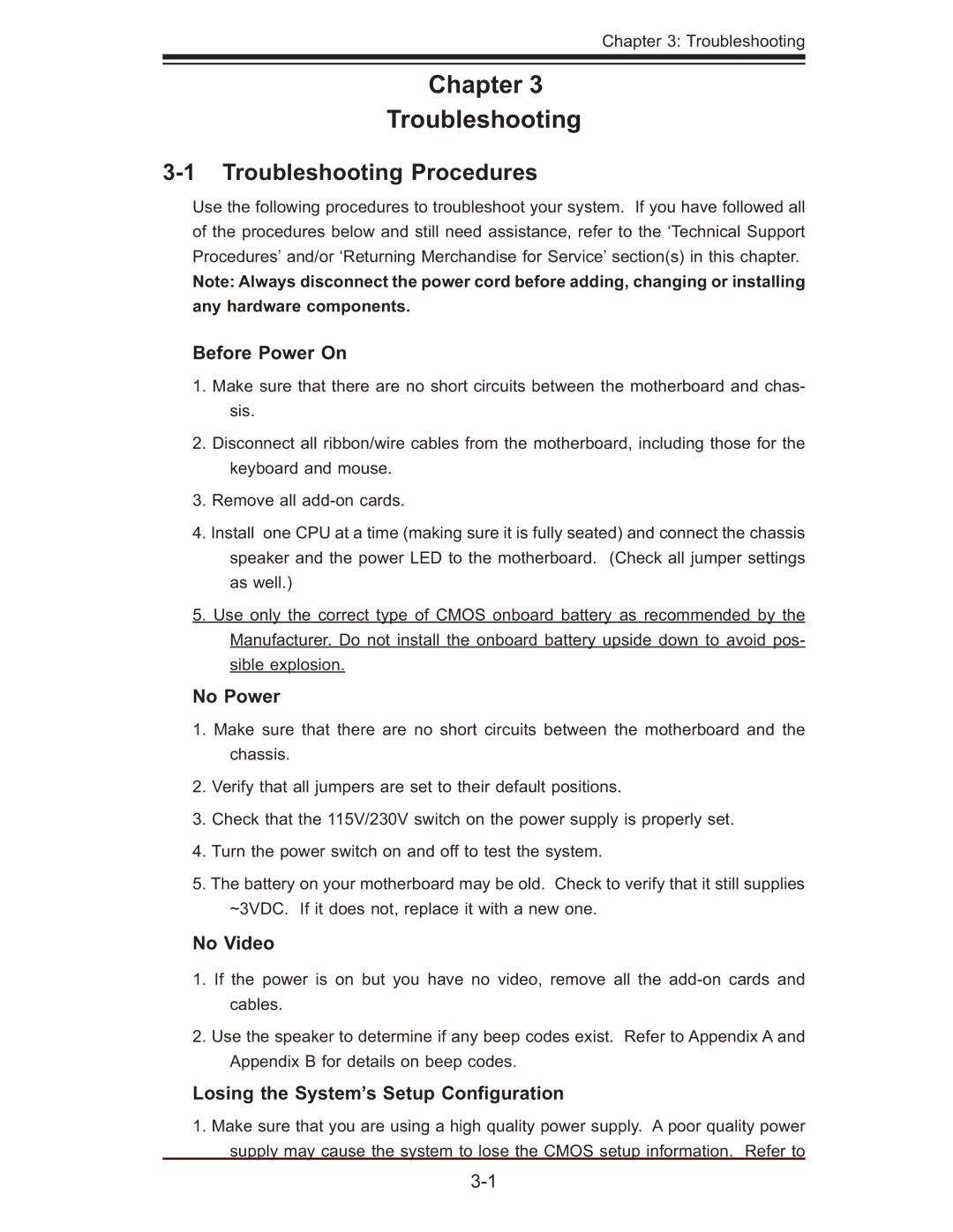 SUPER MICRO Computer X7DBT-INF, XDGT, X7DGT-INF user manual Troubleshooting Procedures, Before Power On, No Power, No Video 