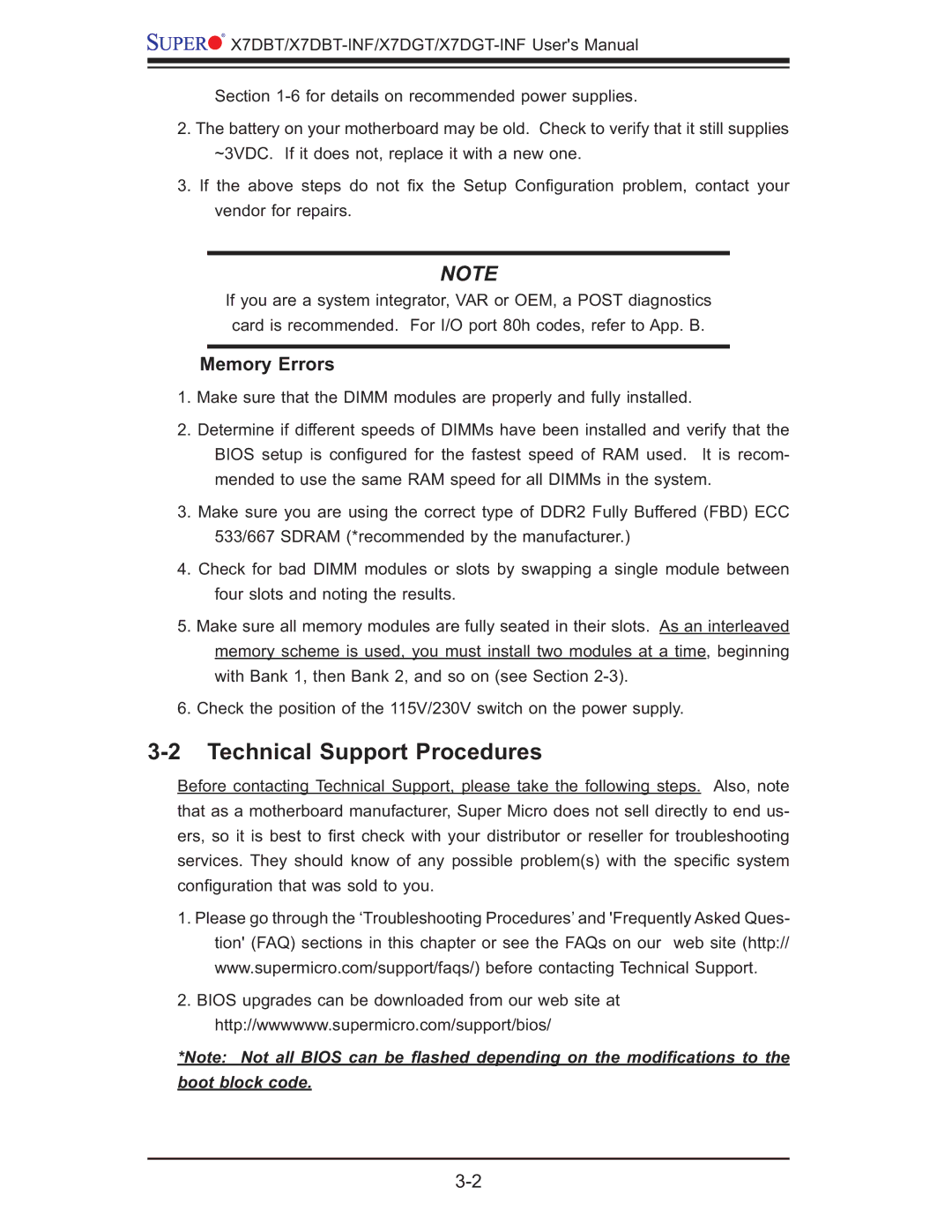 SUPER MICRO Computer XDGT, X7DGT-INF, X7DBT-INF user manual Technical Support Procedures, Memory Errors 