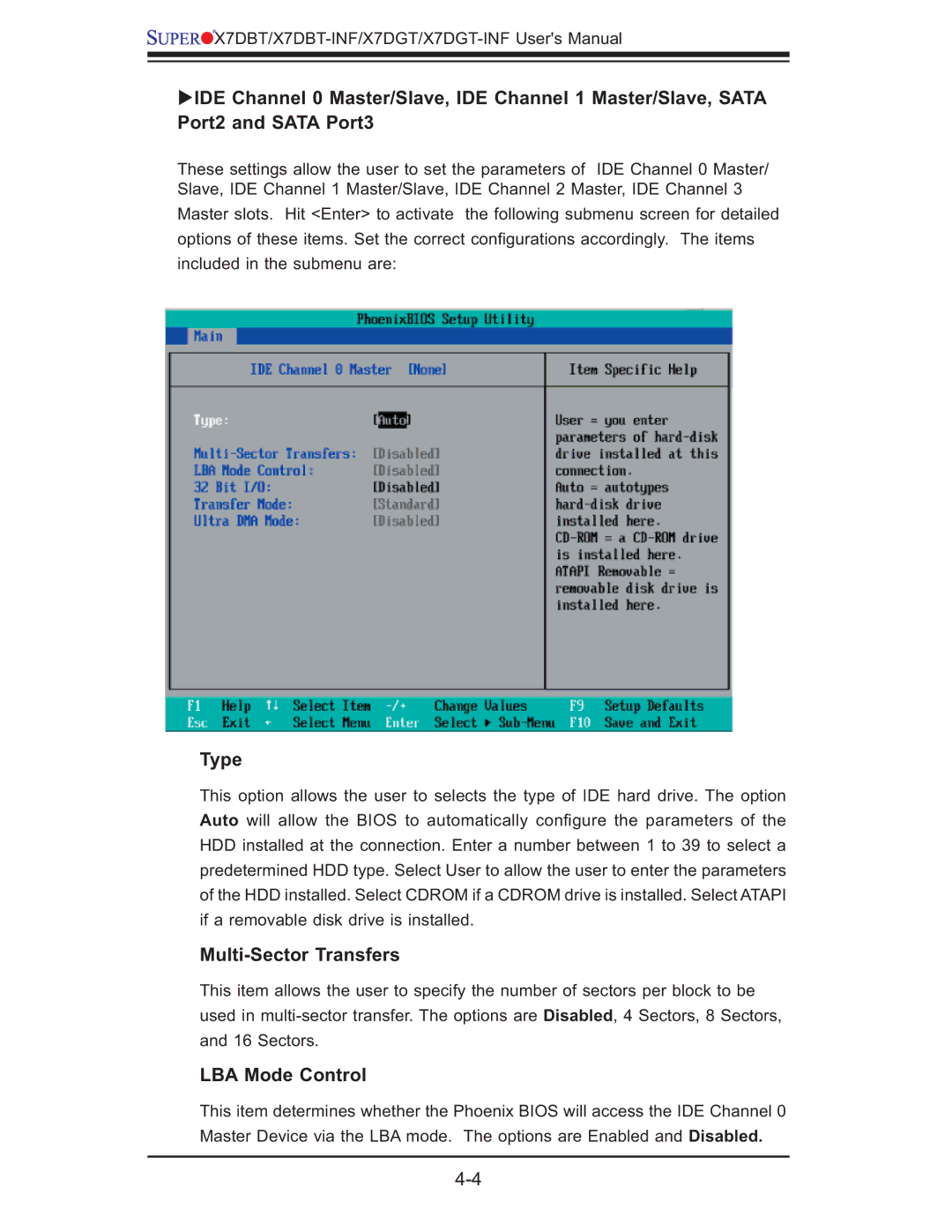 SUPER MICRO Computer X7DGT-INF, XDGT, X7DBT-INF user manual Type, Multi-Sector Transfers, LBA Mode Control 