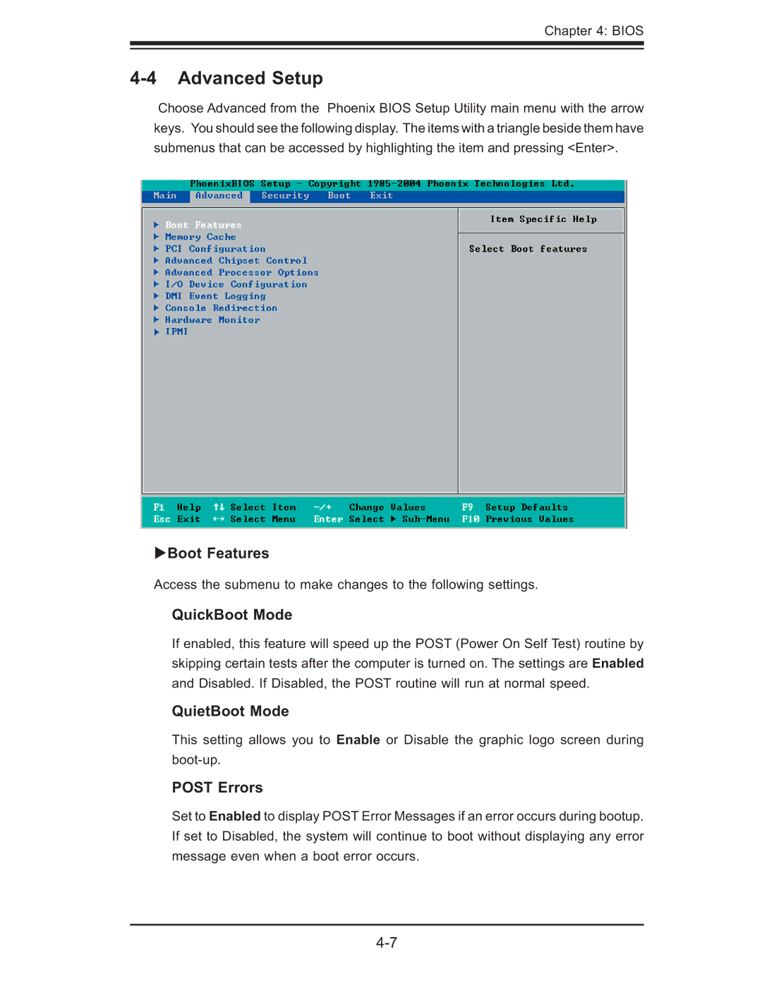 SUPER MICRO Computer X7DBT, XDGT, X7DGT-INF Advanced Setup, Boot Features, QuickBoot Mode, QuietBoot Mode, Post Errors 