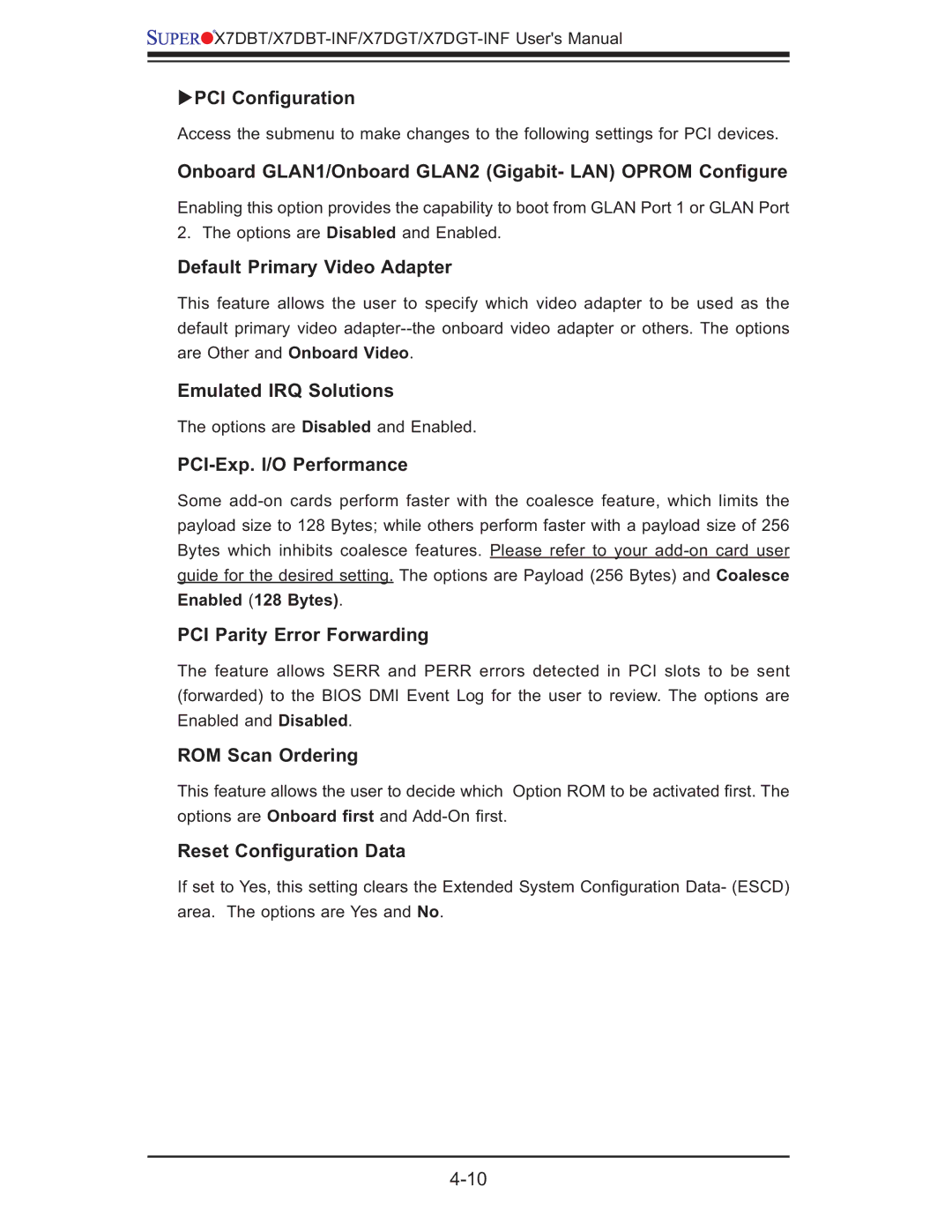 SUPER MICRO Computer XDGT PCI Conﬁguration, Onboard GLAN1/Onboard GLAN2 Gigabit- LAN Oprom Conﬁgure, ROM Scan Ordering 