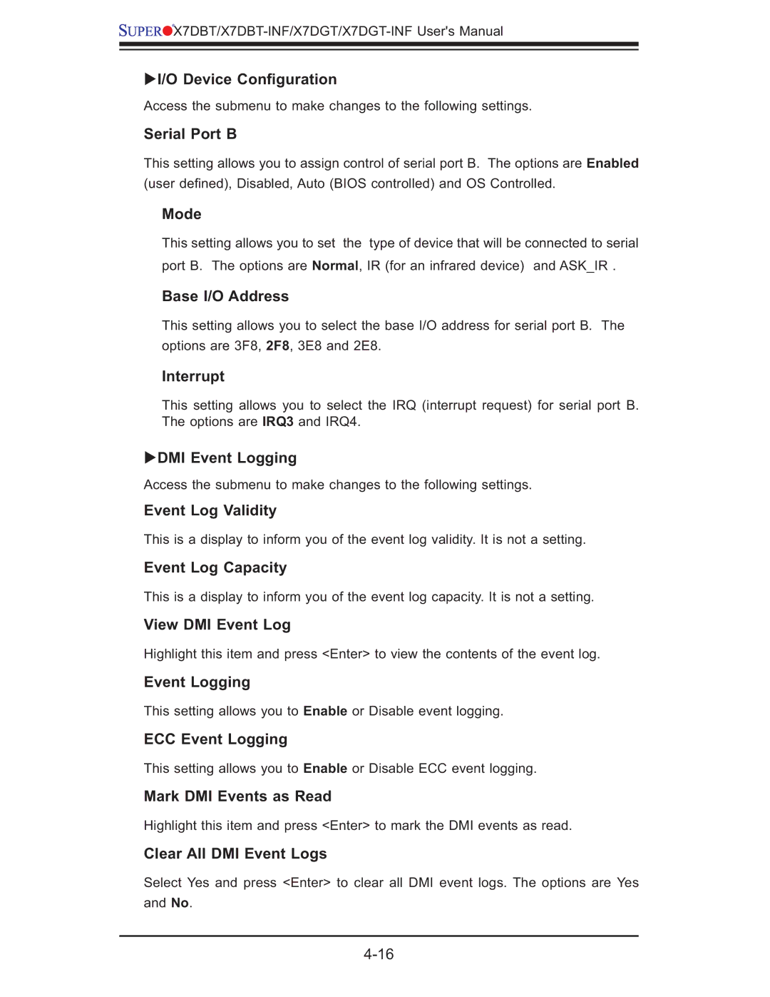 SUPER MICRO Computer X7DGT-INF Device Conﬁguration, Serial Port B, Mode, Base I/O Address, Interrupt, DMI Event Logging 