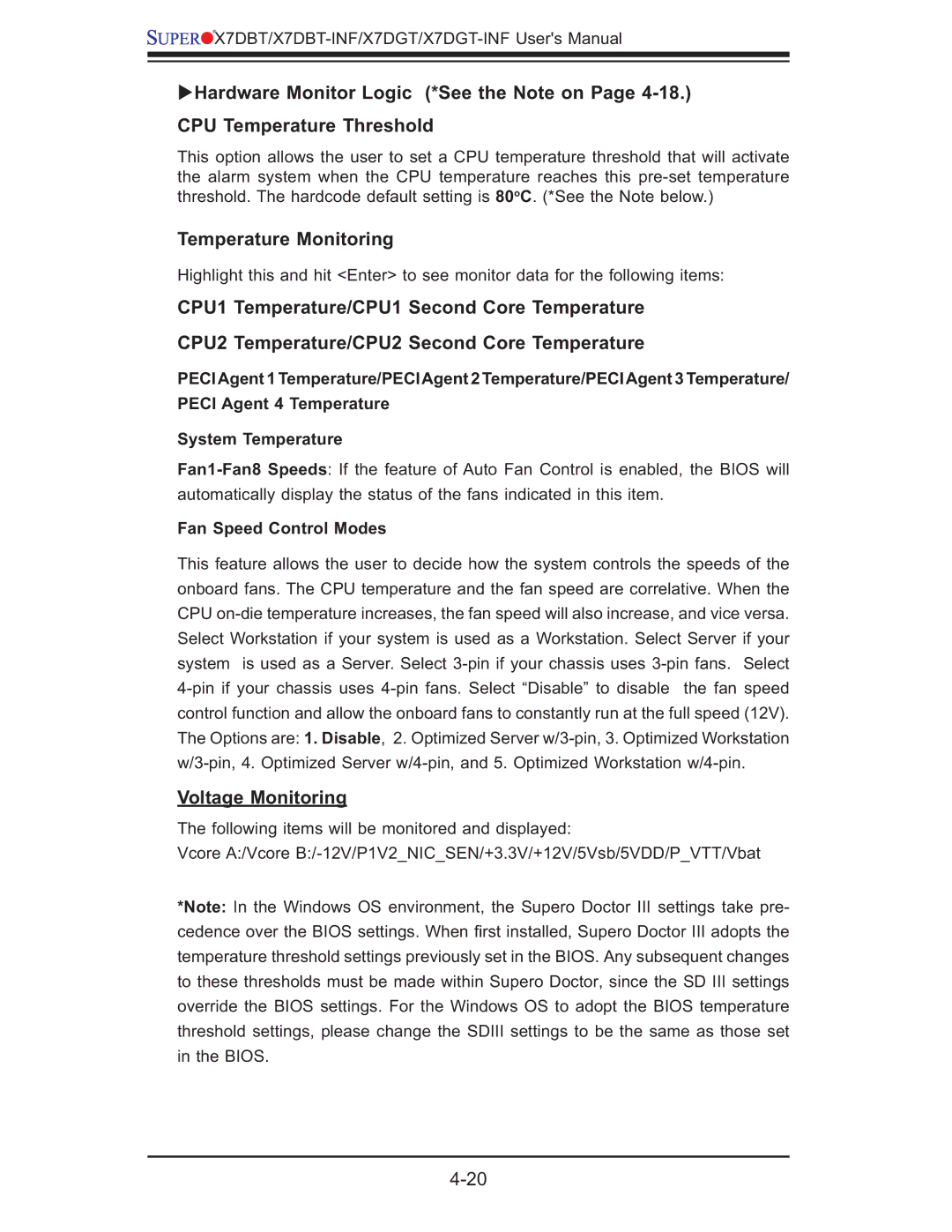 SUPER MICRO Computer X7DGT-INF, XDGT, X7DBT-INF user manual Temperature Monitoring 