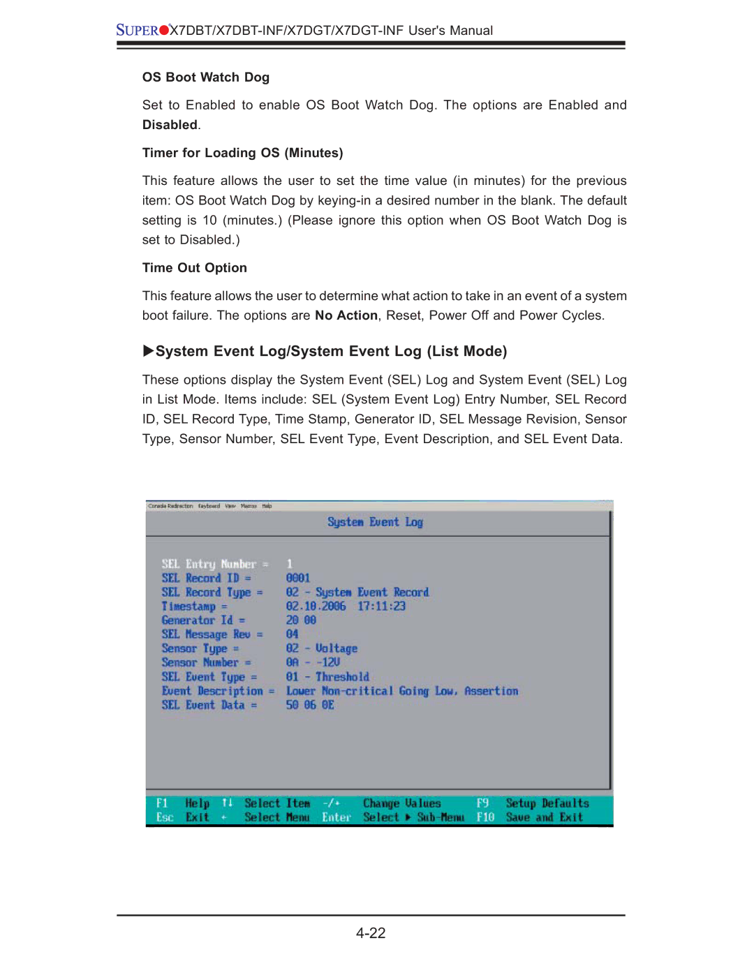 SUPER MICRO Computer XDGT System Event Log/System Event Log List Mode, OS Boot Watch Dog, Timer for Loading OS Minutes 