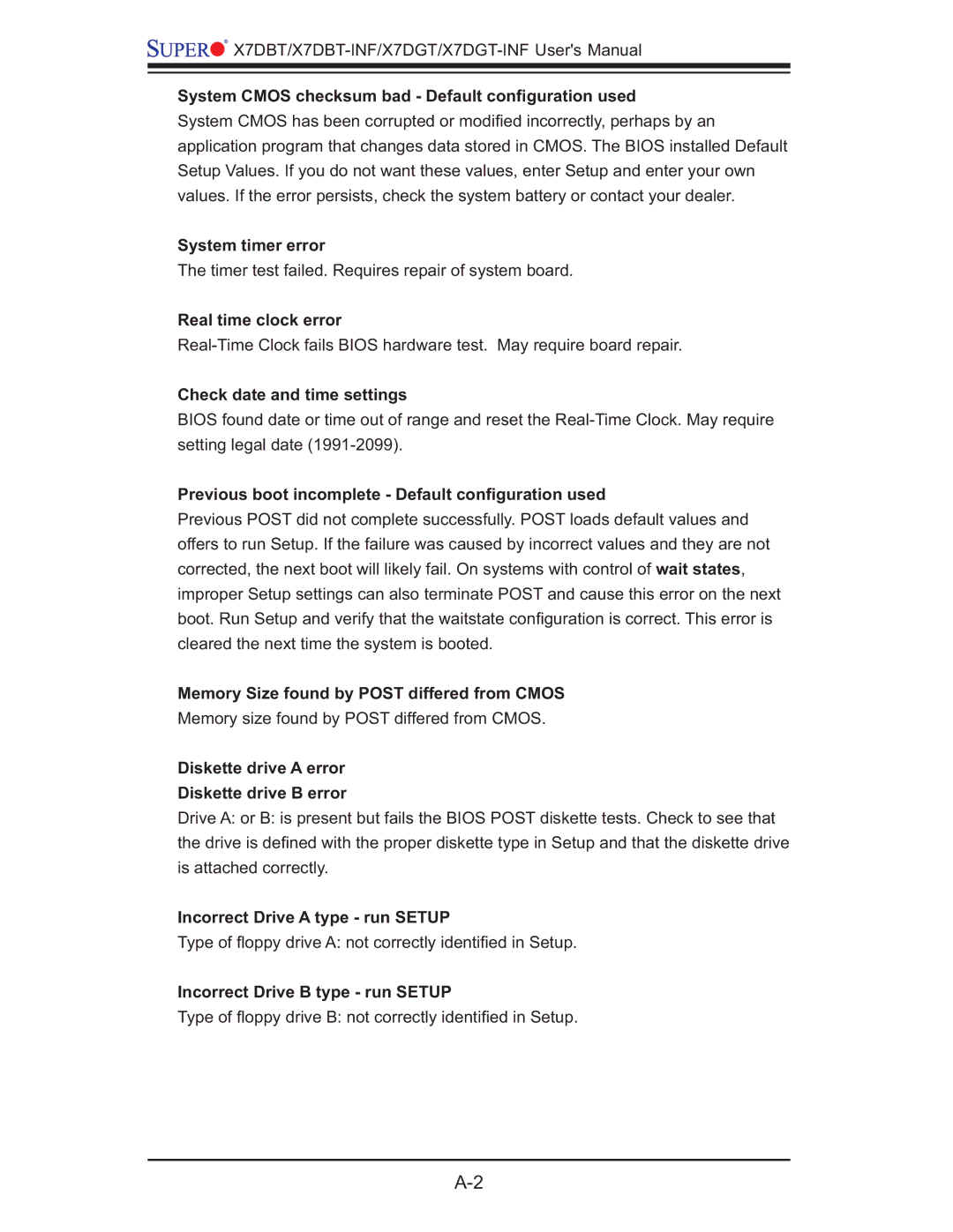SUPER MICRO Computer X7DGT-INF, XDGT, X7DBT System Cmos checksum bad Default conﬁguration used, System timer error 