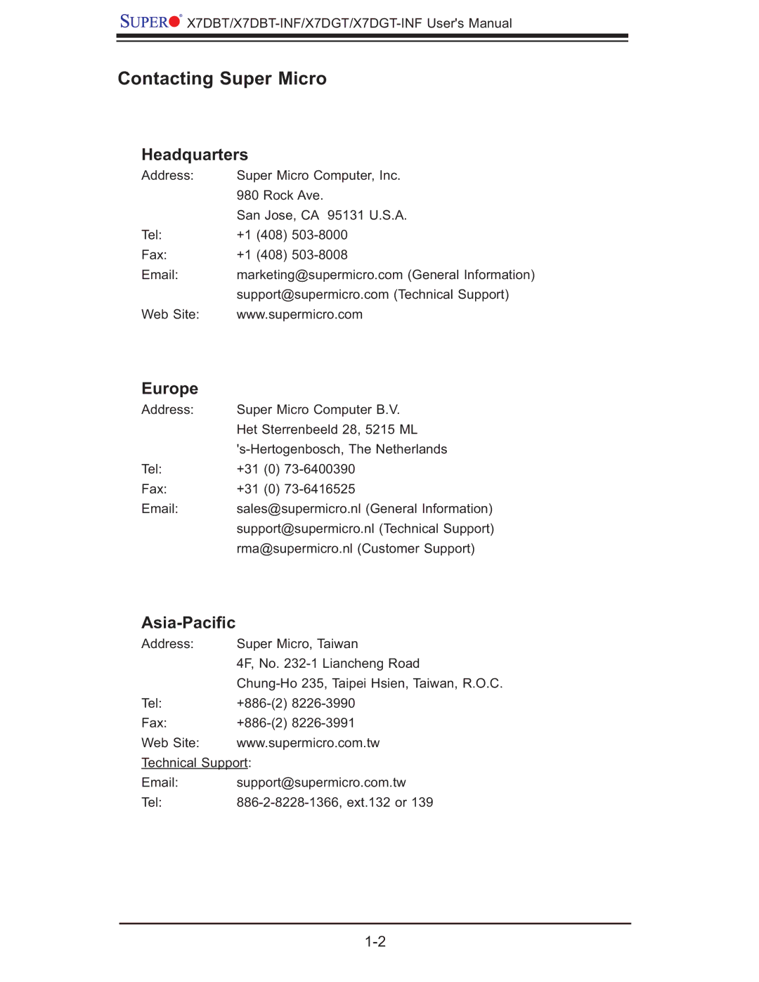 SUPER MICRO Computer XDGT, X7DGT-INF, X7DBT-INF user manual Contacting Super Micro, Headquarters, Europe, Asia-Paciﬁc 