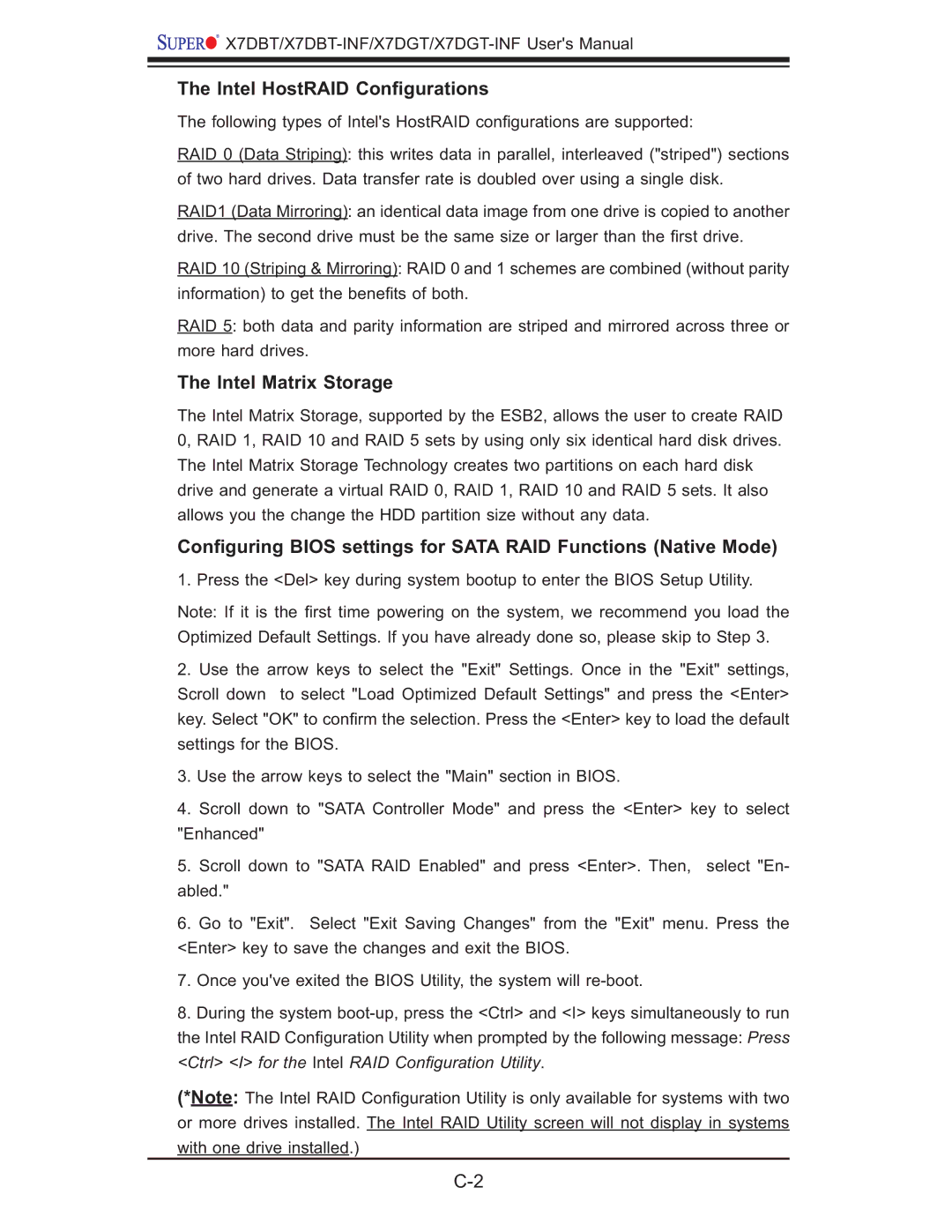 SUPER MICRO Computer X7DGT-INF, XDGT, X7DBT-INF user manual Intel HostRAID Conﬁgurations, Intel Matrix Storage 