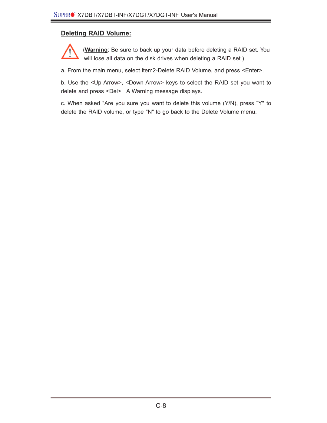 SUPER MICRO Computer XDGT, X7DGT-INF, X7DBT-INF user manual Deleting RAID Volume 