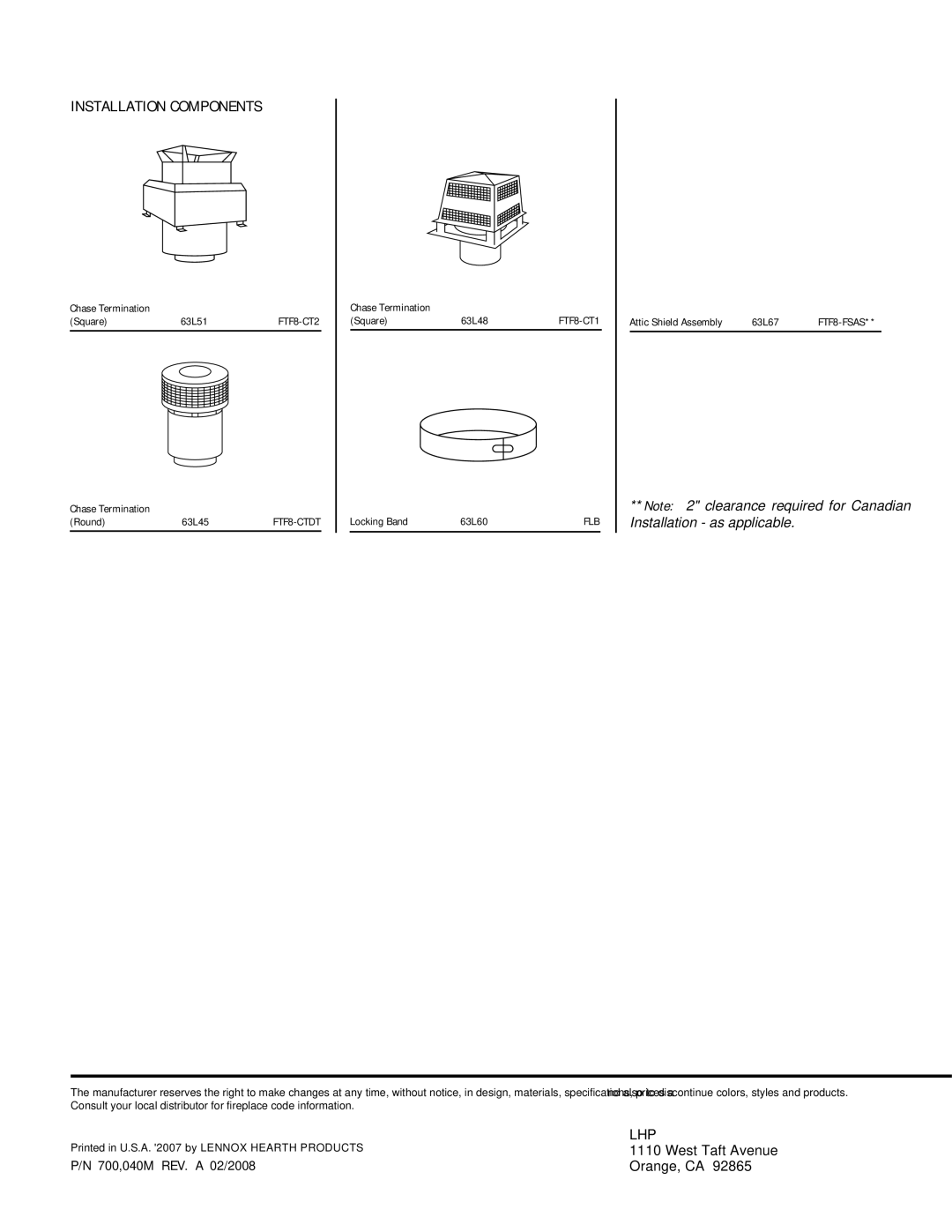 Superior BCI-36, BR-36-2, BC-36-2 installation instructions Lhp, 700,040M REV. a 02/2008, Orange, CA 