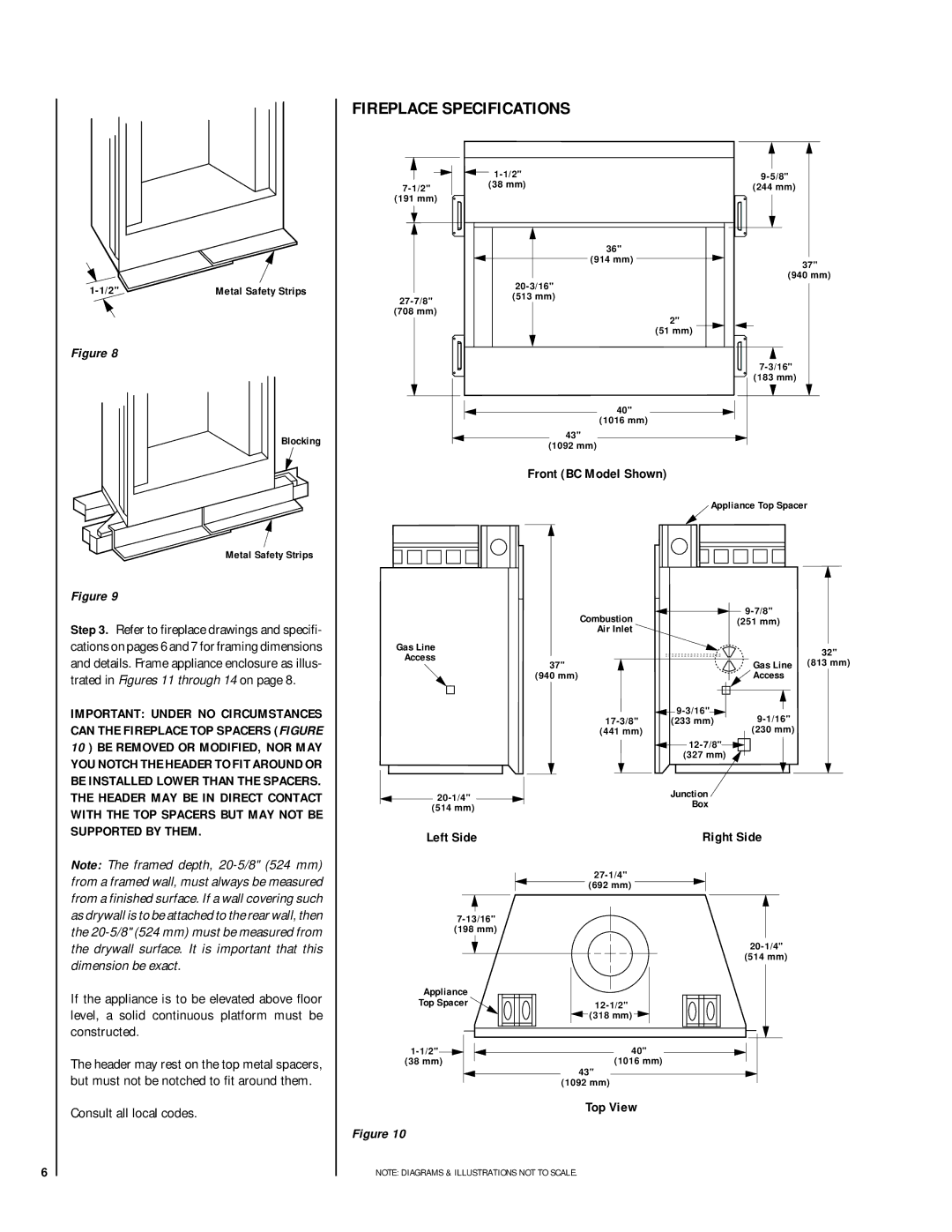 Superior BCI-36, BR-36-2, BC-36-2 Fireplace Specifications, Front BC Model Shown, Left Side, Right Side, Top View 