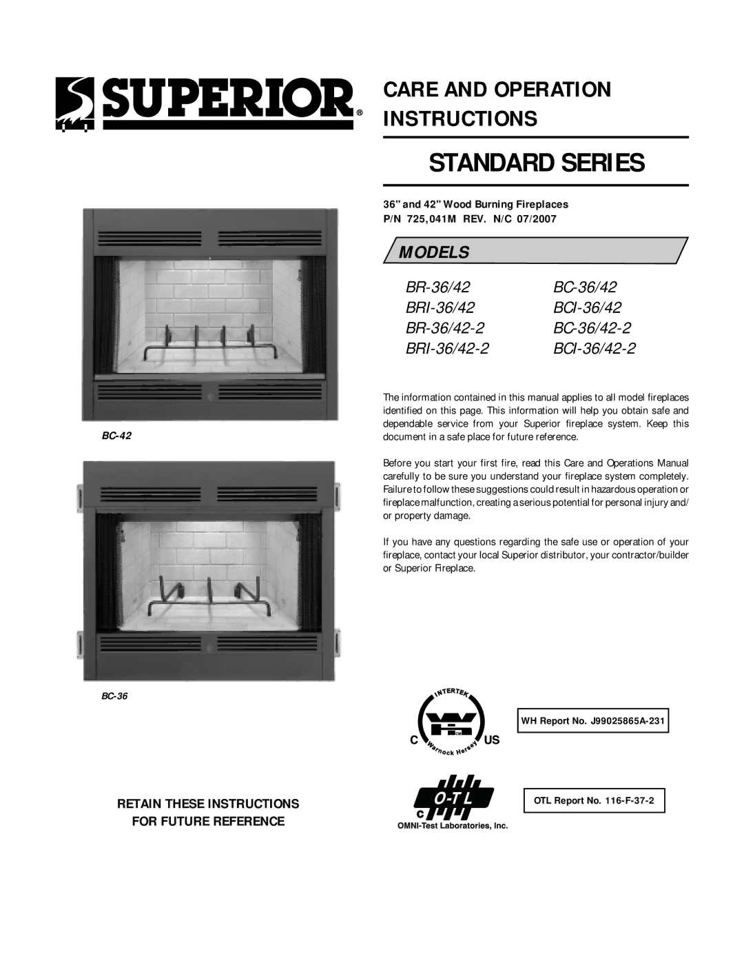 Superior BC-36/42-2 manual Retain These Instructions For Future Reference, Document in a safe place for future reference 