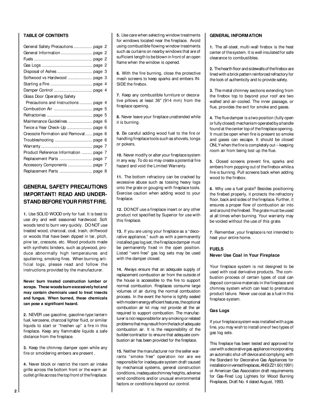 Superior BR-36/42-2, BRI-36/42-2, BC-36/42-2, BCI-36/42-2 manual Table of Contents, General Information, Fuels 